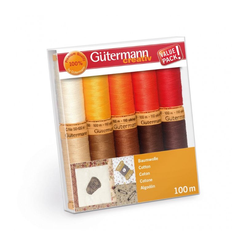 Gütermann bomullstrådsset - Röd/Brun - 10 rullar à 100 m