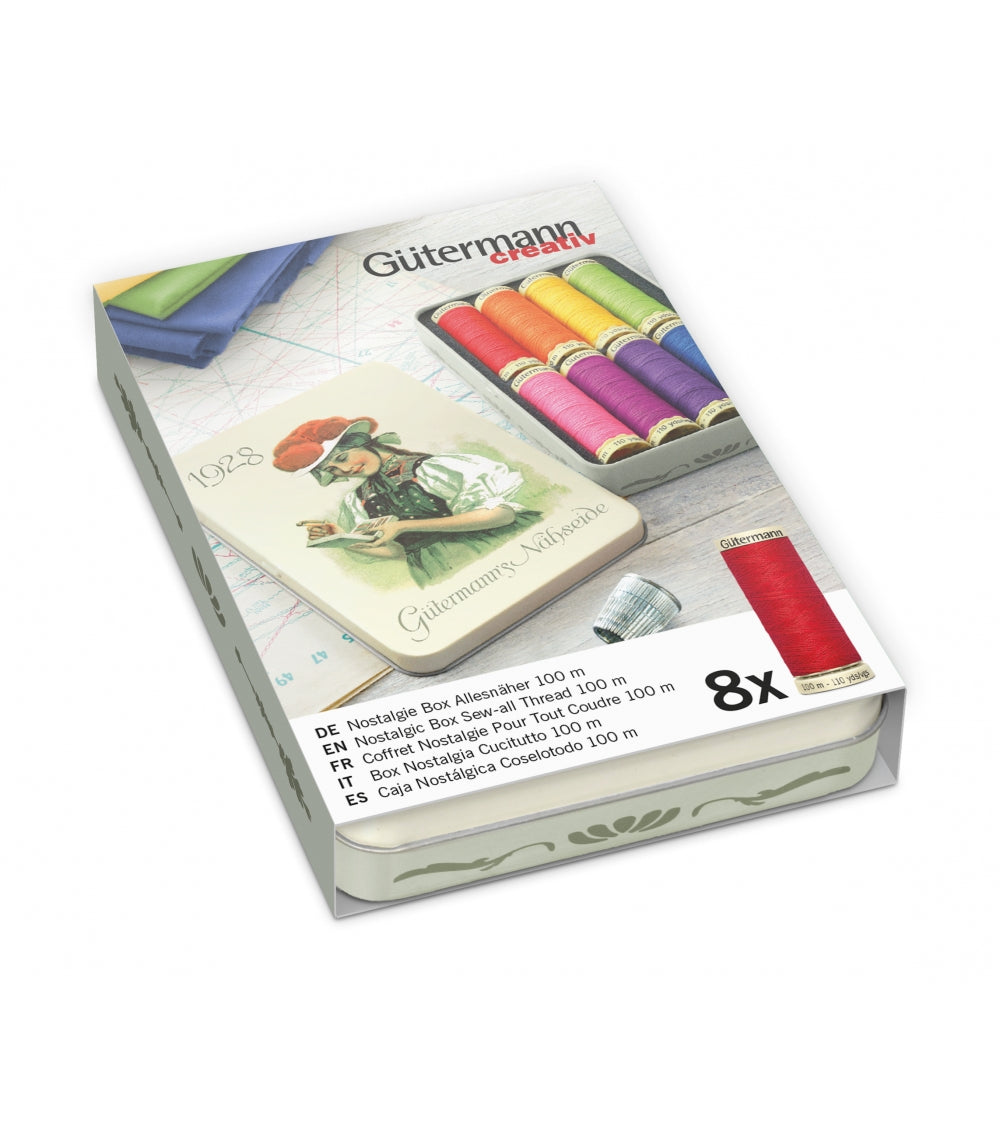 Gütermann sytrådsset i metalllåda - färgglada färger - 8 rl. på 100m