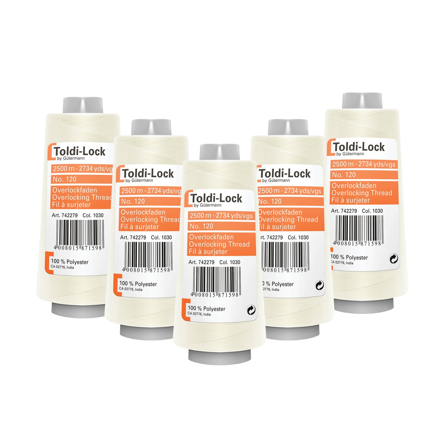 Toldi-lock overlocktråd silk – 5 ruller á 2.500 meter
