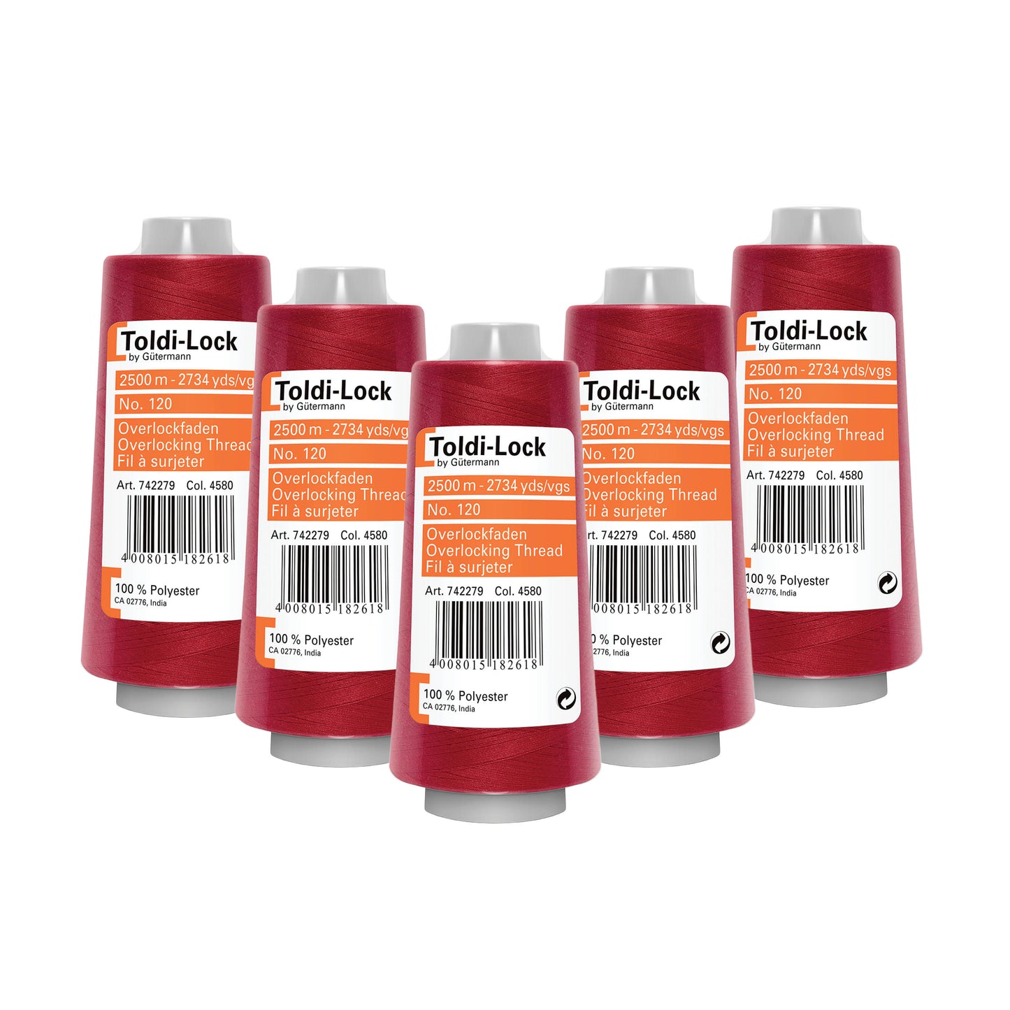 Toldi-lock overlocktråd rød – 5 ruller á 2.500 meter