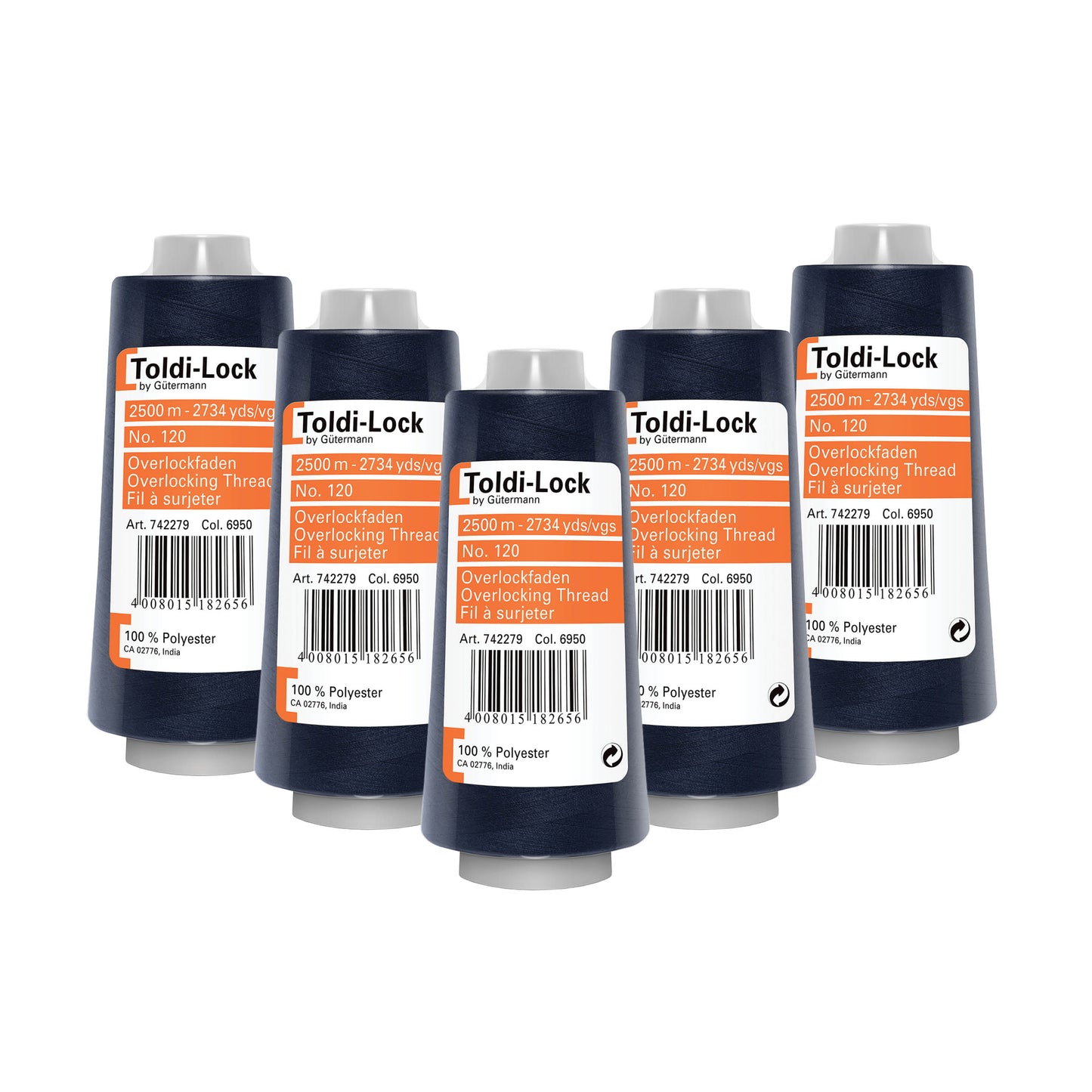 Toldi-lock overlocktråd marine – 5 ruller á 2.500 meter