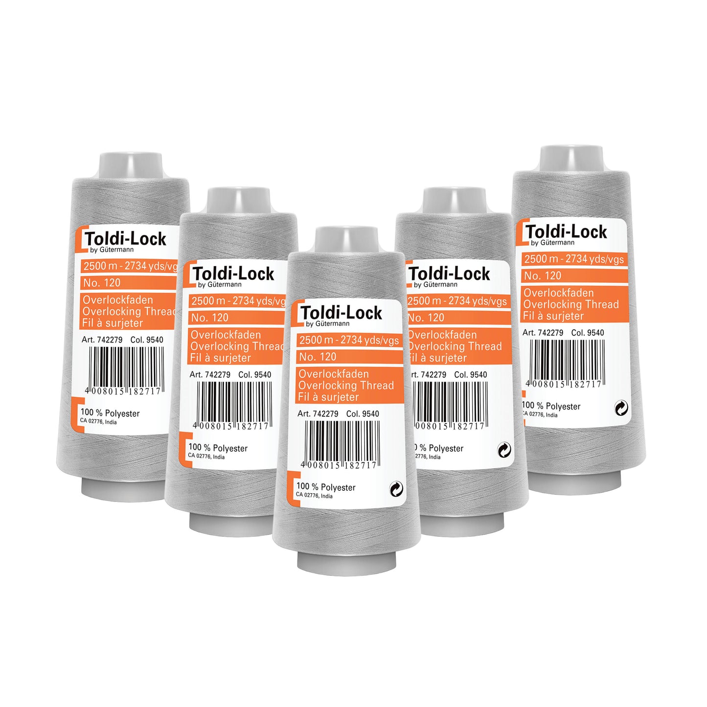 Toldi-lock overlocktråd lysgrå – 5 ruller á 2.500 meter
